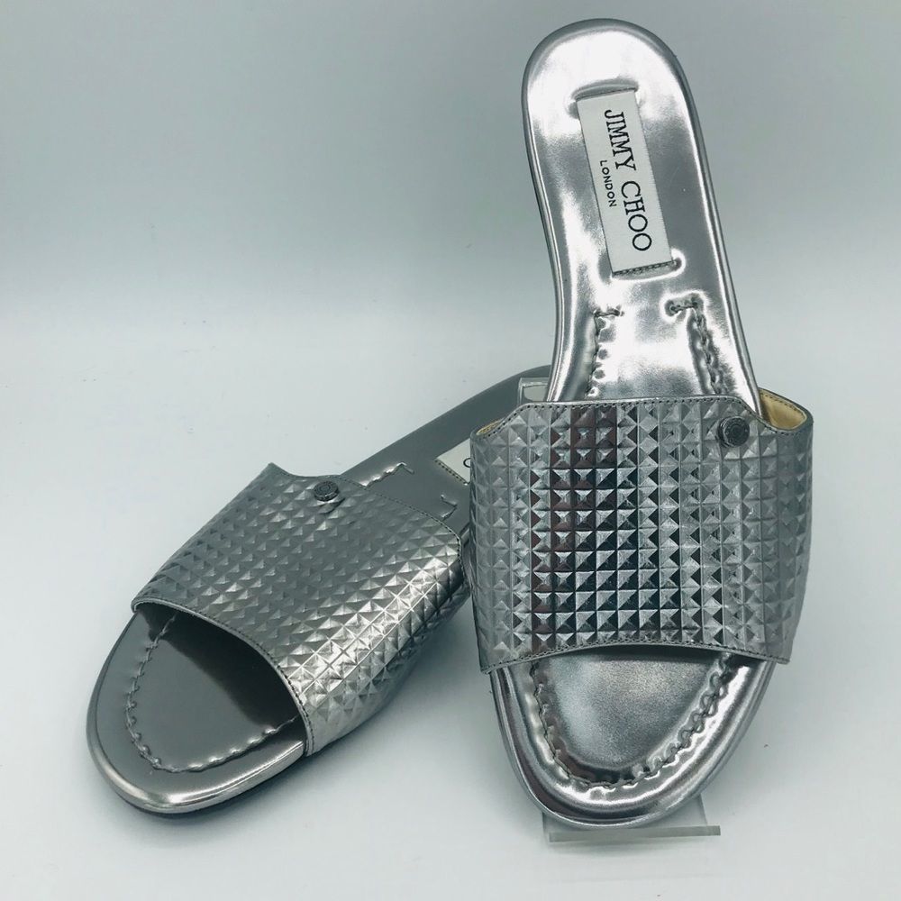 NWOB! JIMMY CHOO STEEL MIRRORED LEATHER SLIDES - Picture 3 of 7
